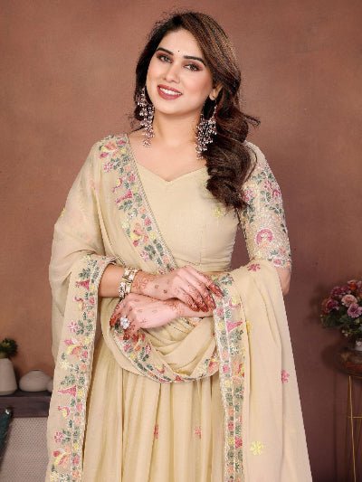 Pastel Beige Embroidery Georgette Lehenga Choli Set - BONYHUBSALWAR KAMEEZ