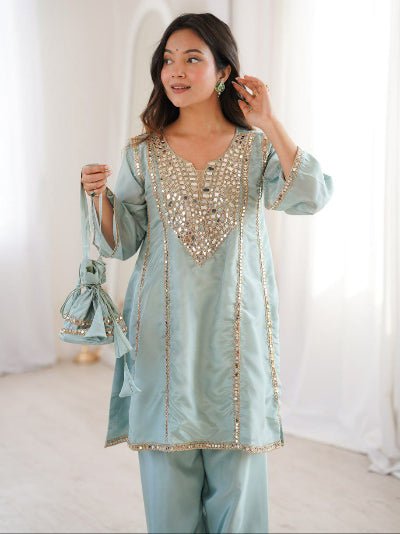 Pastel Blue Mirror Embroidered Work Kurti Pant Set Free Potli UK Next Day - BONYHUBSALWAR KAMEEZ