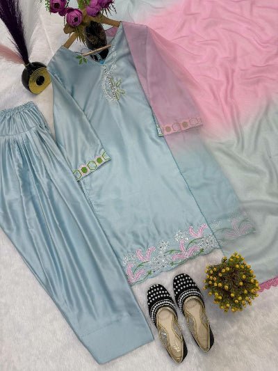 Pastel Blue Satin Silk Farshi Suit - BONYHUBSALWAR KAMEEZ