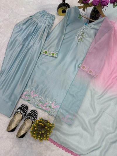 Pastel Blue Satin Silk Farshi Suit - BONYHUBSALWAR KAMEEZ