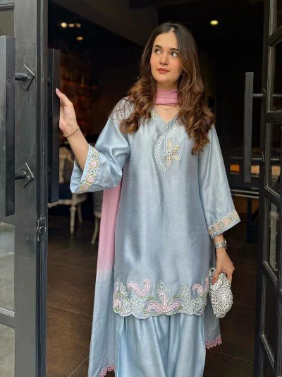 Pastel Blue Satin Silk Farshi Suit - BONYHUBSALWAR KAMEEZ