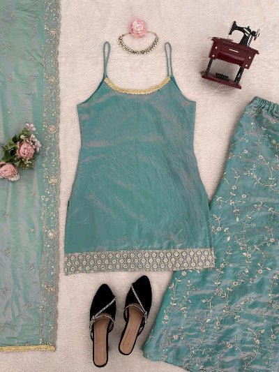 Pastel Blue Sleeveless Fendy Silk Partywear Palazzo Suit - BONYHUBSALWAR KAMEEZ