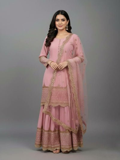 Pastel Blush Pink Gold Georgette Sharara Suit - BONYHUBSALWAR KAMEEZ