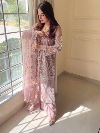 Pastel Blush Pink Soft Net Embroidery Straight Suit - BONYHUBSALWAR KAMEEZ