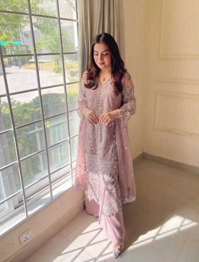 Pastel Blush Pink Soft Net Embroidery Straight Suit - BONYHUBSALWAR KAMEEZ