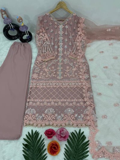 Pastel Blush Pink Soft Net Embroidery Straight Suit - BONYHUBSALWAR KAMEEZ