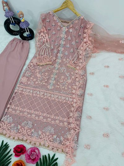 Pastel Blush Pink Soft Net Embroidery Straight Suit - BONYHUBSALWAR KAMEEZ