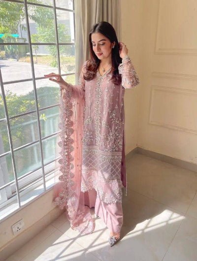 Pastel Blush Pink Soft Net Embroidery Straight Suit - BONYHUBSALWAR KAMEEZ