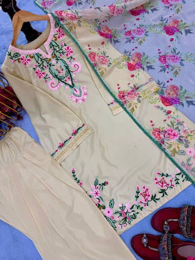 Pastel Cream Floral Embroidery Farshi Suit UK Next Day - BONYHUBSALWAR KAMEEZ