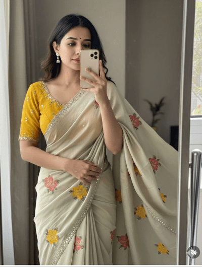 Pastel Embroidery Designer Sari with Unsticth Blouse pc - BONYHUBSAREE