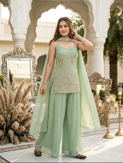 Pastel Green Embellished Georgette Sleeveless Palazzo Kurti Dupatta Set UK Next Day - BONYHUBSALWAR KAMEEZ