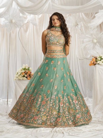 Pastel Green Embroidered Women's Lehenga Choli Set - BONYHUBSALWAR KAMEEZ