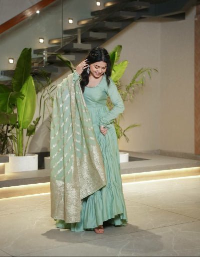 Pastel Green Flair Anarkali Suit With Jacquard Banarasi Dupatta - BONYHUBSALWAR KAMEEZ