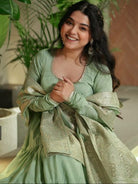Pastel Green Flair Anarkali Suit With Jacquard Banarasi Dupatta - BONYHUBSALWAR KAMEEZ