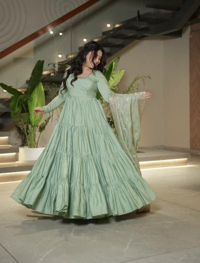 Pastel Green Flair Anarkali Suit With Jacquard Banarasi Dupatta - BONYHUBSALWAR KAMEEZ