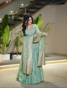 Pastel Green Flair Anarkali Suit With Jacquard Banarasi Dupatta - BONYHUBSALWAR KAMEEZ