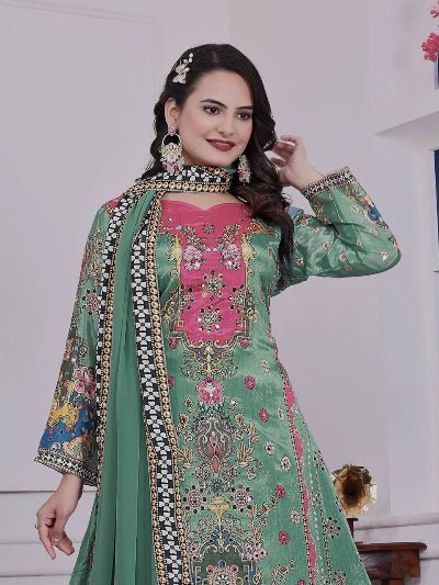 Pastel Green Multicolor Mirror Work Palazzo Suit - BONYHUBSALWAR KAMEEZ