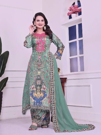 Pastel Green Multicolor Mirror Work Palazzo Suit - BONYHUBSALWAR KAMEEZ