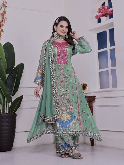 Pastel Green Multicolor Mirror Work Palazzo Suit - BONYHUBSALWAR KAMEEZ