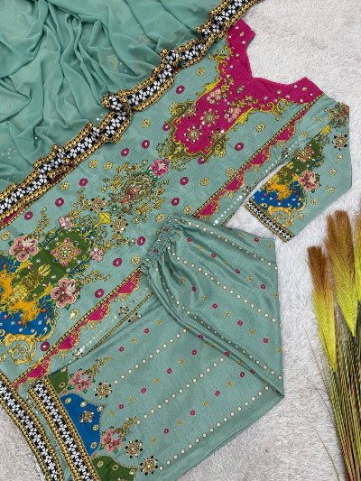 Pastel Green Multicolor Mirror Work Palazzo Suit - BONYHUBSALWAR KAMEEZ
