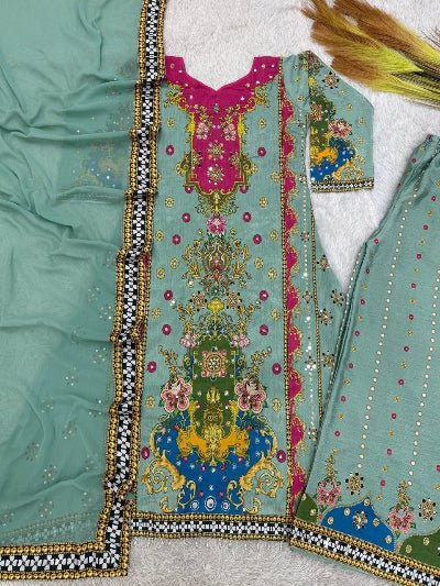 Pastel Green Multicolor Mirror Work Palazzo Suit - BONYHUBSALWAR KAMEEZ