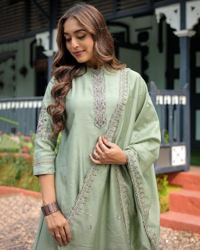 Pastel Green Muslin Silk Anarkali Suit Set - BONYHUBSALWAR KAMEEZ