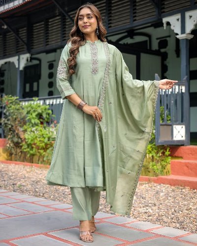 Pastel Green Muslin Silk Anarkali Suit Set - BONYHUBSALWAR KAMEEZ
