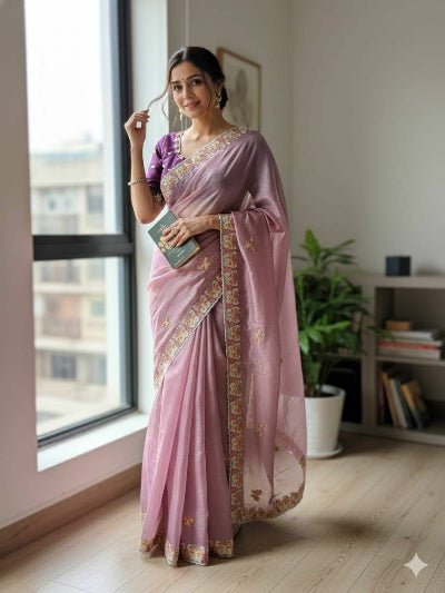 Pastel Lavender Organza Saree with Unstitched Blouse - BONYHUBSAREE