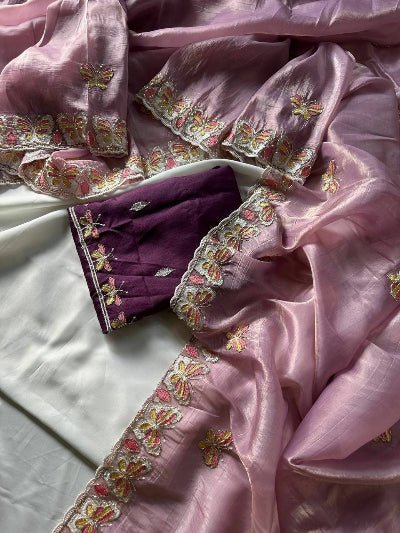 Pastel Lavender Organza Saree with Unstitched Blouse - BONYHUBSAREE
