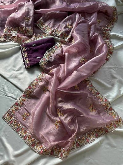 Pastel Lavender Organza Saree with Unstitched Blouse - BONYHUBSAREE