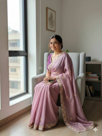 Pastel Lavender Organza Saree with Unstitched Blouse - BONYHUBSAREE