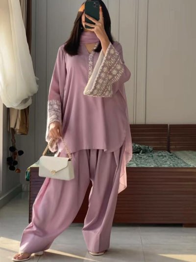 Pastel Lilac Embroidered Farshi Salwar Suit Set - BONYHUBSALWAR KAMEEZ