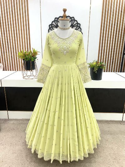 Pastel Lime Yellow Georgette Anarkali Suit Set - BONYHUBSALWAR KAMEEZ