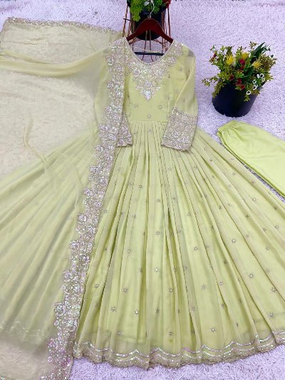 Pastel Lime Yellow Georgette Anarkali Suit Set - BONYHUBSALWAR KAMEEZ