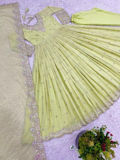 Pastel Lime Yellow Georgette Anarkali Suit Set - BONYHUBSALWAR KAMEEZ