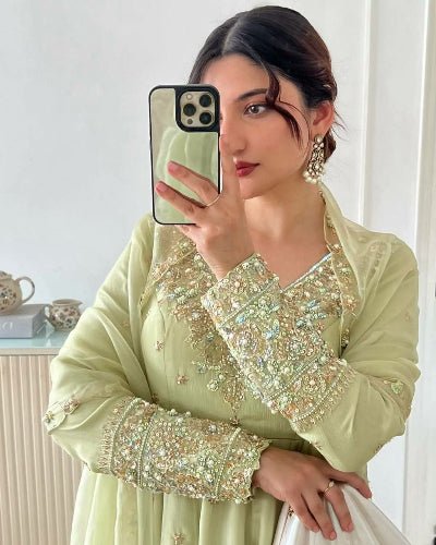 Pastel Lime Yellow Georgette Anarkali Suit Set - BONYHUBSALWAR KAMEEZ