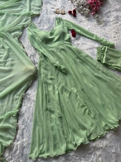 Pastel Mint Green Georgette Anarkali Suit Set - BONYHUBSALWAR KAMEEZ