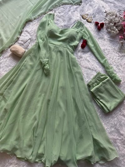 Pastel Mint Green Georgette Anarkali Suit Set - BONYHUBSALWAR KAMEEZ