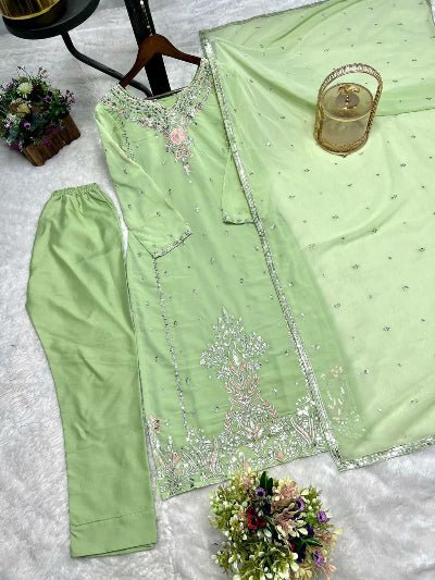 Pastel Mint Green Georgette Sequins Work Salwar Suit Set - BONYHUBSALWAR KAMEEZ