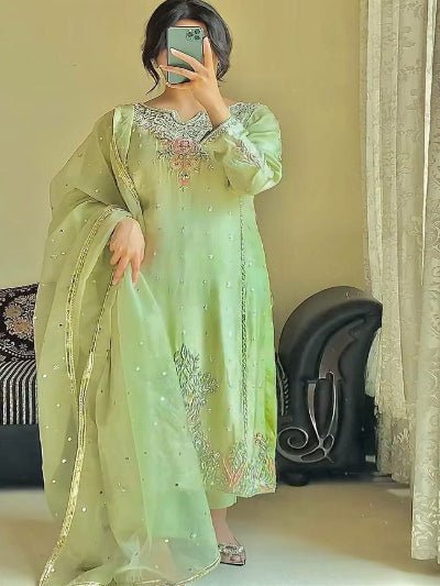 Pastel Mint Green Georgette Sequins Work Salwar Suit Set - BONYHUBSALWAR KAMEEZ