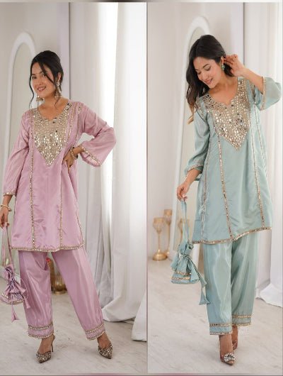 Pastel Mirror Embroidered Work Kurti Pant Set Free Potli - BONYHUBSALWAR KAMEEZ