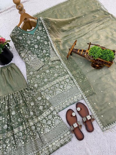 Pastel Olive Green Embroidery Gharara Suit UK Next Day - BONYHUBSALWAR KAMEEZ