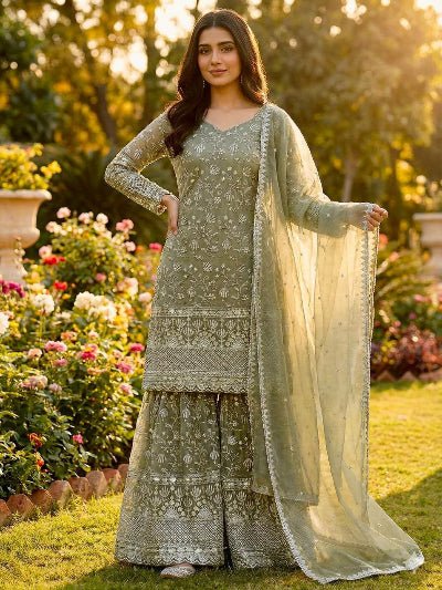 Pastel Olive Green Embroidery Gharara Suit UK Next Day - BONYHUBSALWAR KAMEEZ