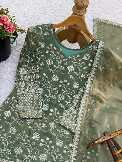 Pastel Olive Green Embroidery Gharara Suit UK Next Day - BONYHUBSALWAR KAMEEZ