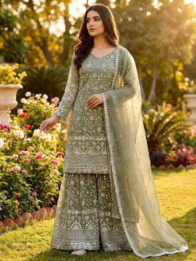 Pastel Olive Green Embroidery Gharara Suit UK Next Day - BONYHUBSALWAR KAMEEZ