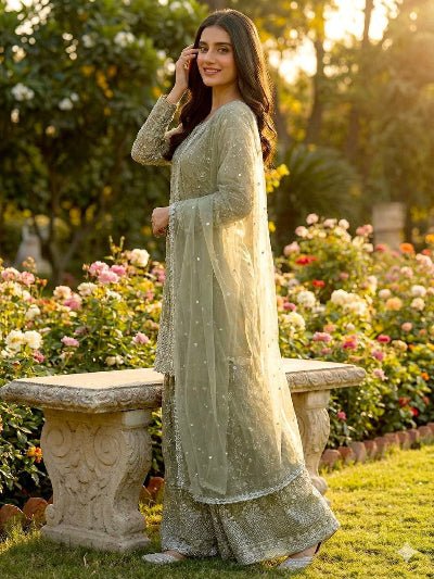 Pastel Olive Green Embroidery Gharara Suit UK Next Day - BONYHUBSALWAR KAMEEZ