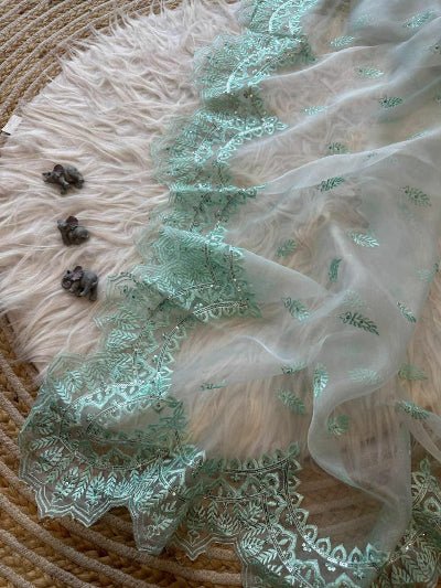 Pastel Organza Silk Sari with Unstiched Blouse peach pastel saree  seagreen white 