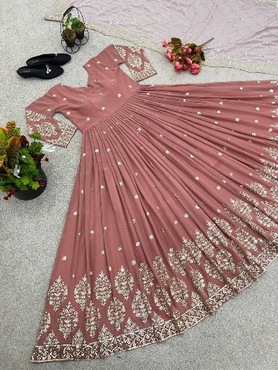 Pastel Peach Georgette Embroidered Gown Dupatta Set Of 2 - BONYHUBSALWAR KAMEEZ