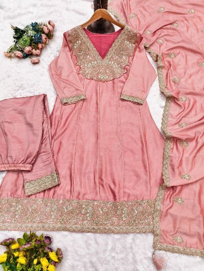 Pastel Peachy Pink Silk Embroidery Work Anarkali Suit - BONYHUBSALWAR KAMEEZ