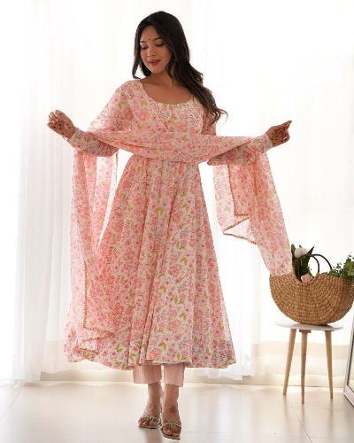 Pastel Pink Chiffon Floral Anarkali Suit Set - BONYHUBSALWAR KAMEEZ